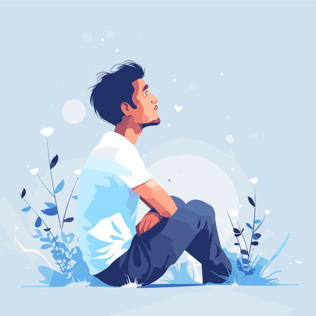 Young man sitting on the ground. Vector illustration in flat style.のイラスト素材