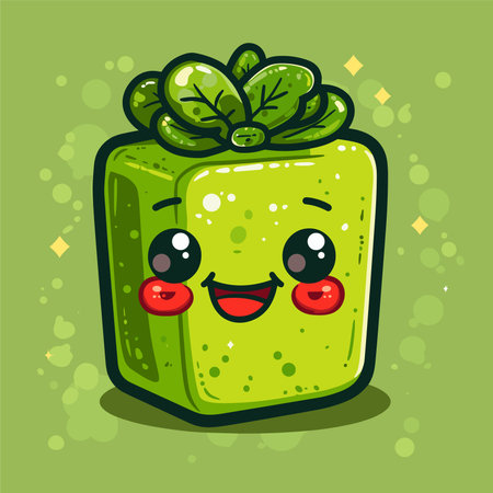 Cute green gift box with smiling face. Vector cartoon illustration.のイラスト素材