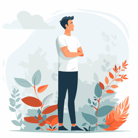 Young man standing in front of plants. Vector illustration in flat styleのイラスト素材