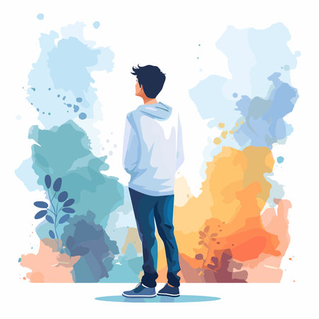Vector illustration of a young man in a white sweatshirt standing in front of a watercolor background.のイラスト素材