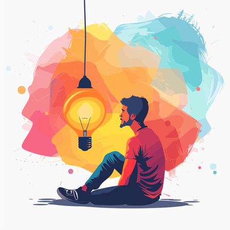 Man with lightbulb on abstract colorful background. Vector illustration.のイラスト素材