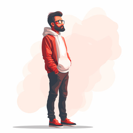 Stylish hipster man in red jacket and glasses. Vector illustration.
