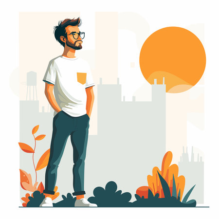 Hipster man standing on the background of the city. Vector illustrationのイラスト素材