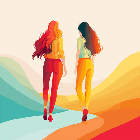 Vector illustration of two beautiful young women standing on the beach and looking at each otherのイラスト素材