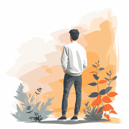 Vector illustration of a young man standing in the park and looking at the landscape.のイラスト素材