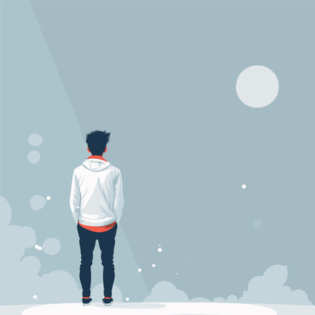 Vector illustration of a young man standing in front of the moon.のイラスト素材