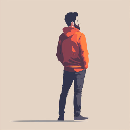 Vector illustration of a young man in a red hoodie and jeans.