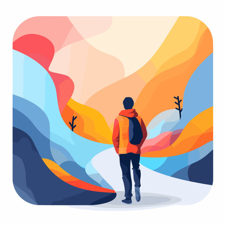 Hiker in mountains. Vector illustration in flat design style. Man in a mountain landscapeのイラスト素材