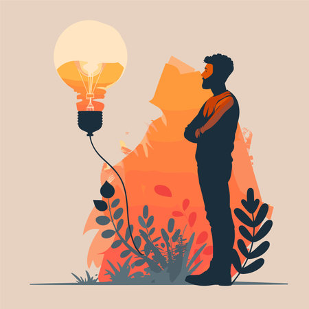 Man with a light bulb in his hands. The concept of creativity and inspiration. Vector illustrationのイラスト素材