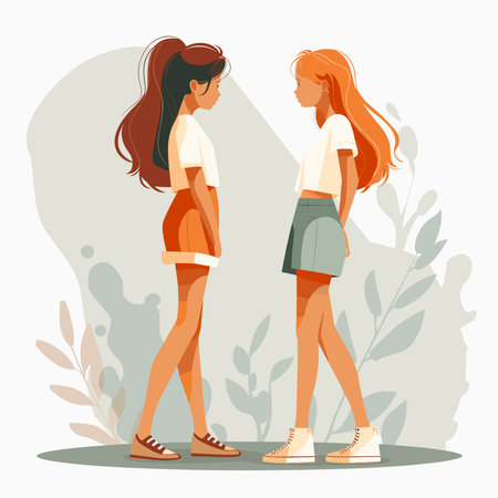Vector illustration of two young girls in casual clothes standing back to back and looking at each otherのイラスト素材