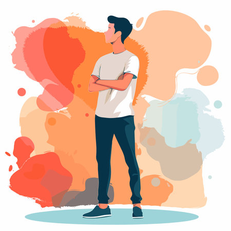 Handsome young man in casual clothes standing with crossed arms on colorful background. Vector illustration.のイラスト素材