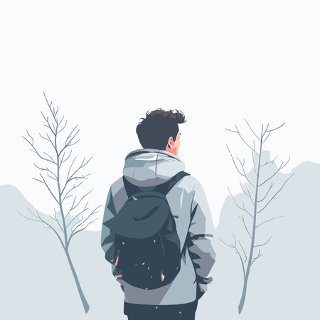 Back view of young man with backpack standing in the forest. Vector illustration.のイラスト素材