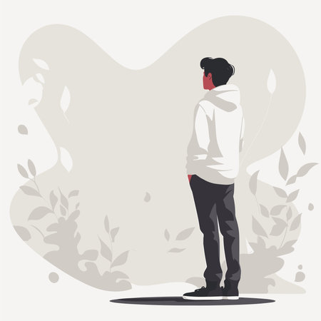 Vector illustration of a young man in a white hoodie standing on a background of leaves.のイラスト素材