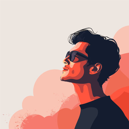 Portrait of a young man in sunglasses on a background of clouds. Vector illustration.のイラスト素材