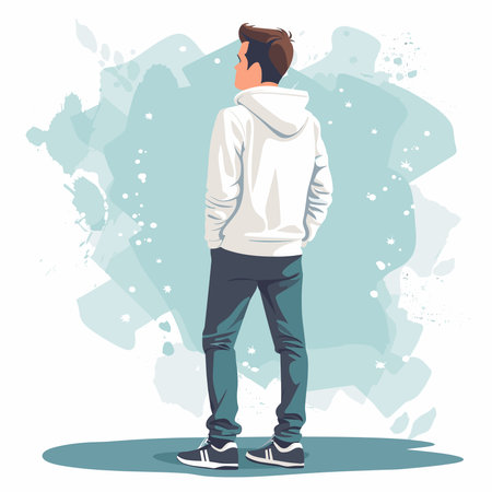 Vector illustration of a young man in a white hoodie on a background of the world map.のイラスト素材