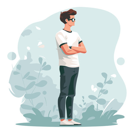 Young man in casual clothes standing with crossed arms on background of green plants. Vector illustrationのイラスト素材