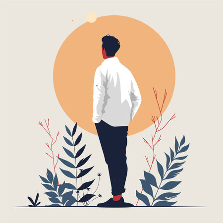 Young man looking at the sky in a flat style. Vector illustration.のイラスト素材