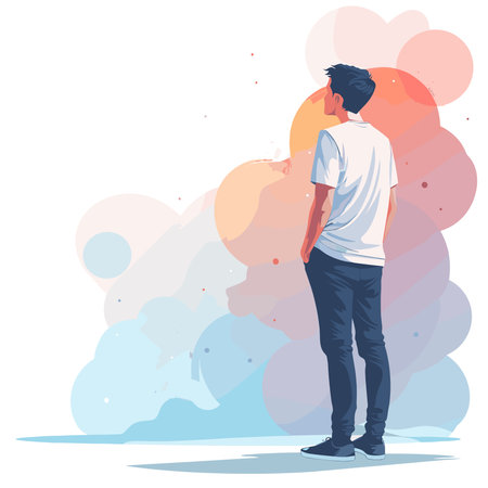 Young man standing and looking at abstract colorful background. Vector illustration.のイラスト素材