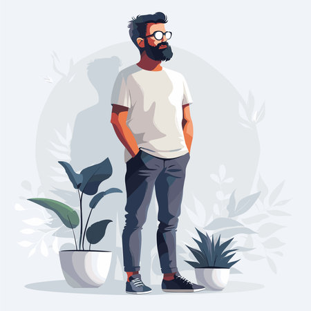 Hipster man with beard and glasses standing in front of plants. Vector illustration.