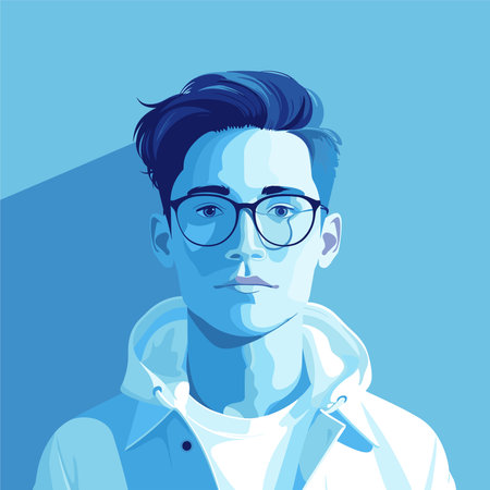 Portrait of a young man with glasses. Vector illustration in blue colors.のイラスト素材