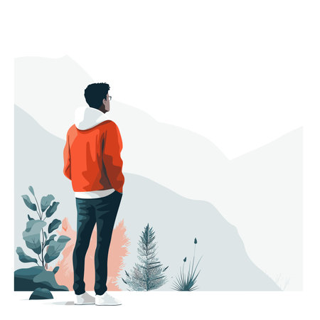 Vector illustration of a man in a red sweater on the background of mountains.のイラスト素材