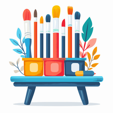 Paint brushes and paints on the table. Flat style vector illustration.のイラスト素材