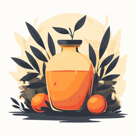 Olive oil in a glass bottle with olives and leaves. Vector illustration.のイラスト素材