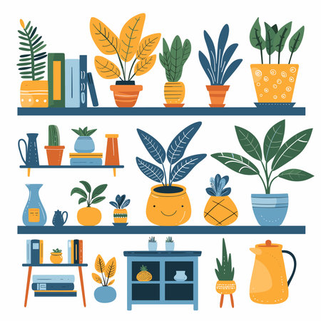 Set of houseplants in pots on shelves. Vector illustration.のイラスト素材
