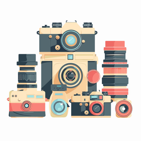 Set of vintage cameras and lenses. Vector illustration in flat style.のイラスト素材