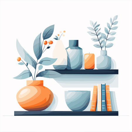 Shelves with decorative vases and plants. Vector illustration.のイラスト素材