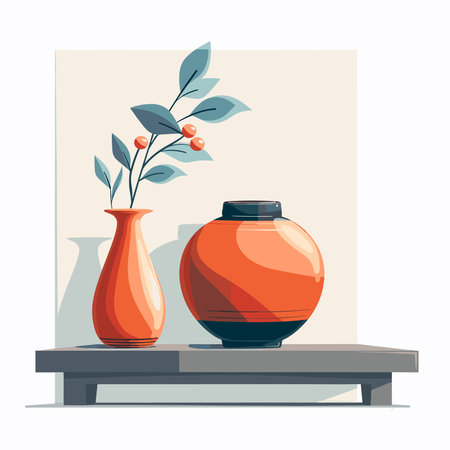Vase with flowers and leaves on a shelf. Flat vector illustration.のイラスト素材