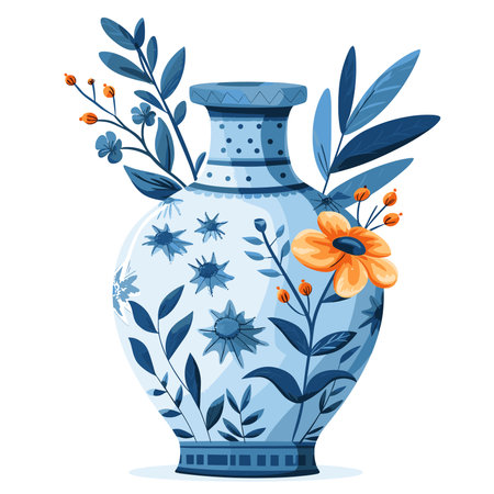 Ceramic vase with flowers and leaves. Vector illustration.のイラスト素材