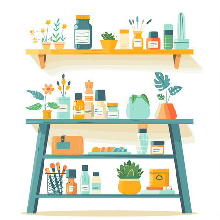 Shelves with beauty products. Vector illustration in flat style.のイラスト素材