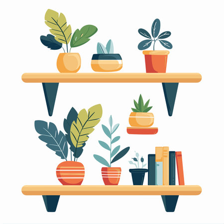 Vector illustration of a shelf with plants in pots. Flat style.のイラスト素材