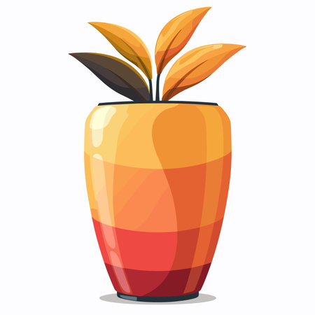 Illustration of an orange vase with leaves on a white backgroundのイラスト素材