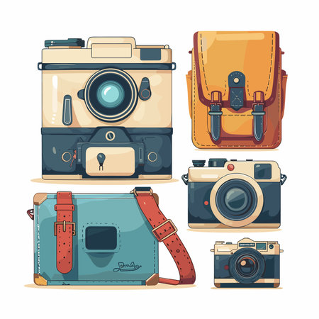 Vintage photo cameras and backpack. Vector illustration in cartoon style.のイラスト素材