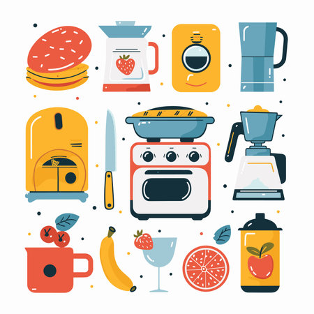 Kitchen appliances and kitchen utensils. Vector flat design illustrationのイラスト素材