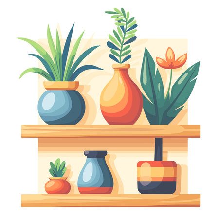 Flowers in vases and pots on shelf. Vector illustration.のイラスト素材