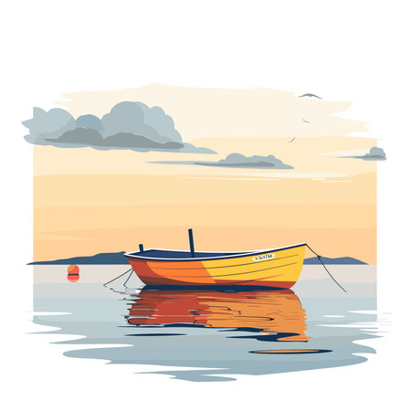 Fishing boat on the sea at sunset. Vector illustration in flat styleのイラスト素材