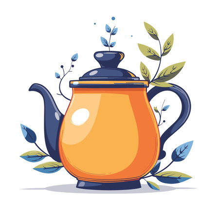 Teapot with teacup and leaves. Vector illustration.のイラスト素材