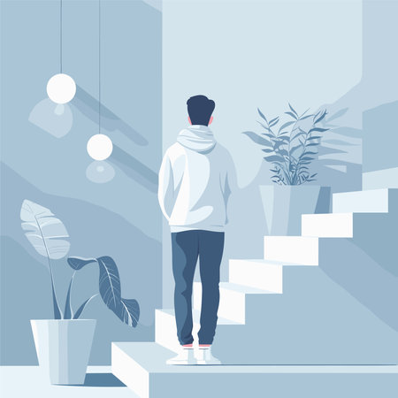 Vector illustration of a young man in a white hoodie walks up the stairs.のイラスト素材