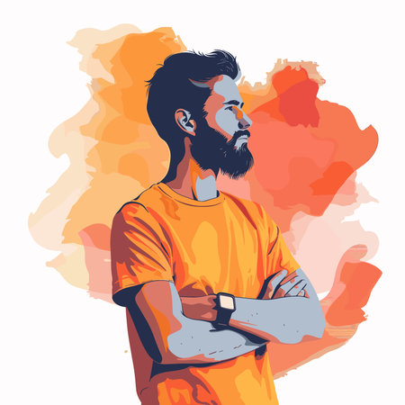 Portrait of a man with a beard and mustache in an orange shirt.のイラスト素材