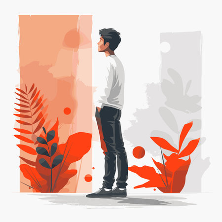 Young man standing in front of a wall with plants. Vector illustrationのイラスト素材