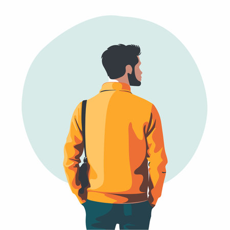 Young man with backpack. Vector illustration in flat style. Back view.