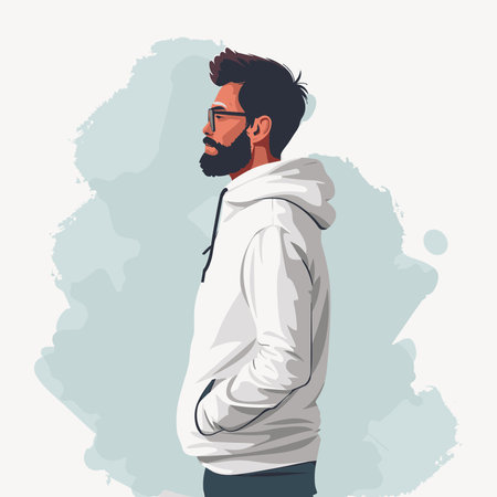 Young bearded man in a white hoodie and glasses. Vector illustrationのイラスト素材
