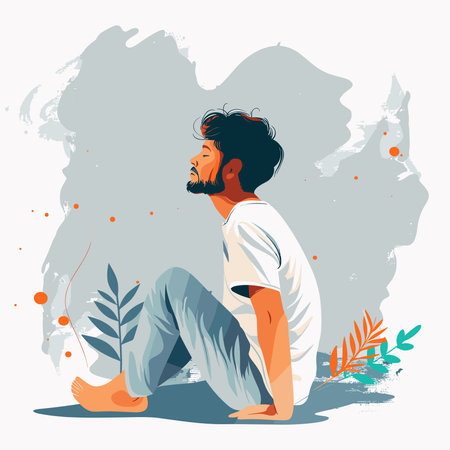 Vector illustration of a man in a white T-shirt sitting on the ground and thinking about something.のイラスト素材