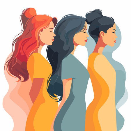 Vector illustration of three beautiful women with long hair in colorful dresses.のイラスト素材