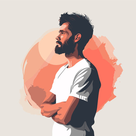 Portrait of a bearded man in a white T-shirt. Vector illustration.のイラスト素材