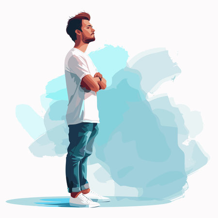 Vector illustration of a young man standing in profile on a background of blue water.のイラスト素材