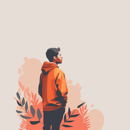 Vector illustration of a young man in an orange hoodie standing in front of a floral background.のイラスト素材